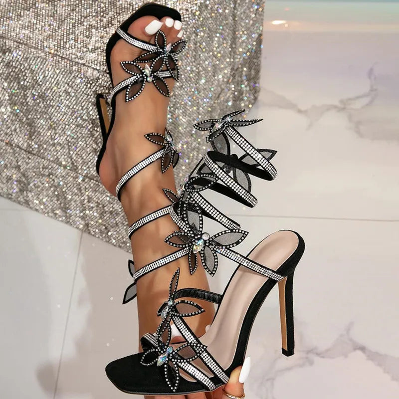 Summer Luxury Rhinestones Butterfly Decoration Women Gladiator Sandals Fashion Stiletto High heels Crystal Banquet Sandals Shoes