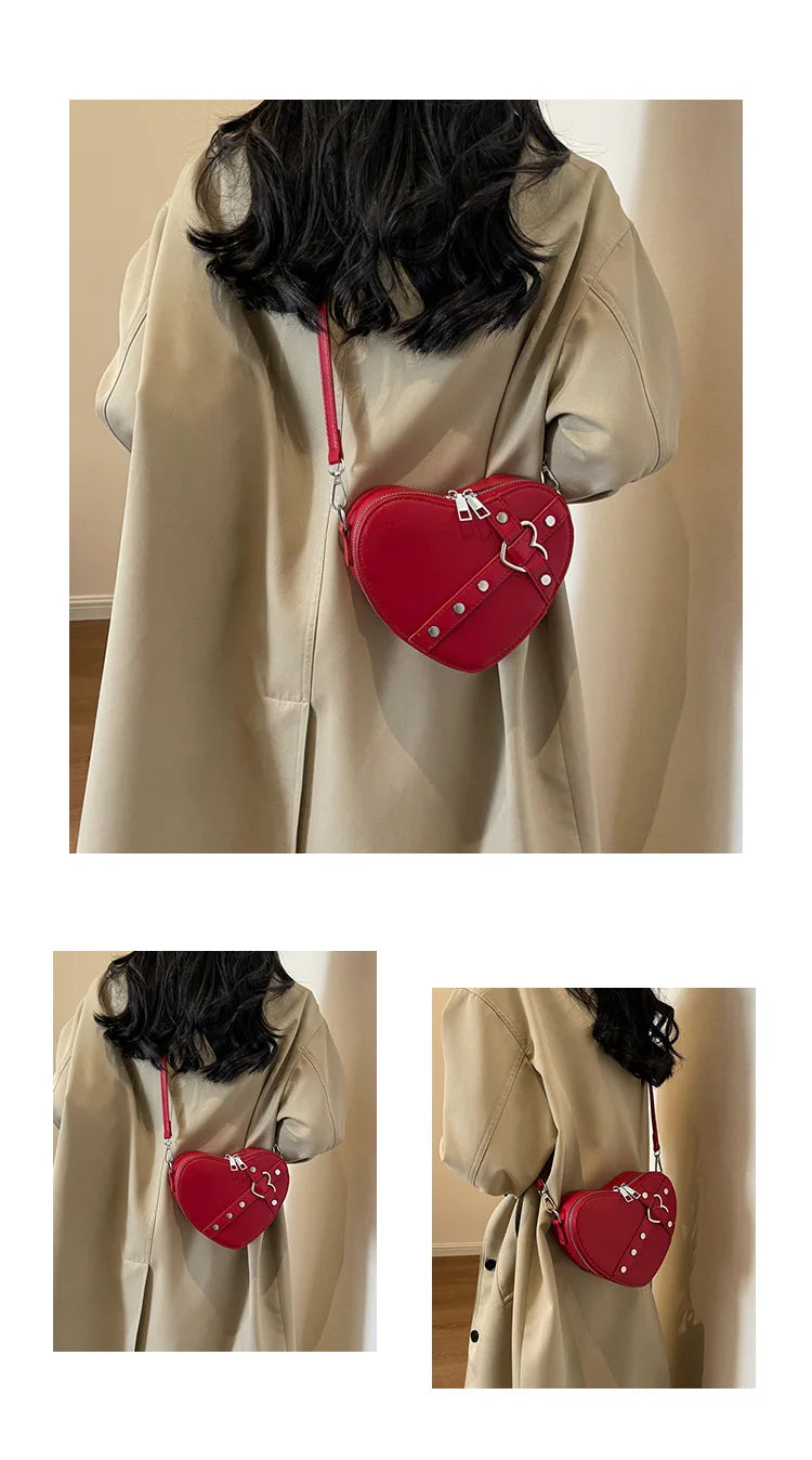 Vintage Y2K Small Chain Rivet Shoulder Bag Heart Shaped Purse Handbag Red PU Leather Gothic Tote Bag Fashion Women Crossbody Bag