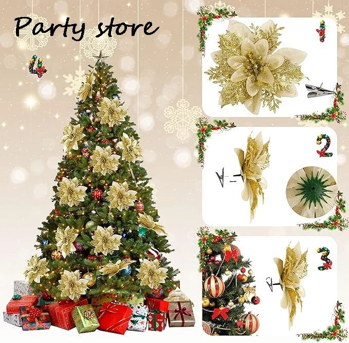 Silver Glitter Christmas Flowers Silver Xmas Tree Artifical Flower Ornaments Merry Christmas Decoration For Home Party New Year