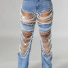 Women's Destroyed Ripped Hole Denim Pants Pearl Rhinestones Chain Distressed Slim Fit Skinny Jeans Y2K Night Club Party Jeans