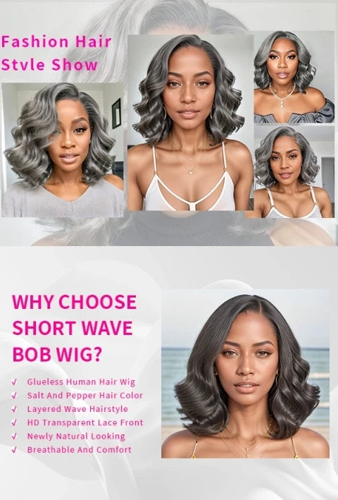 Salt and Pepper Loose Wave Lace Front Bob Wig Human Hair Side Part  5x5 HD Closure Lace Wig Ready To for Black Women