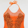 Bodycon Women Backless Lace Up Halter See Through Sequins Mesh Patchwork Sexy Party Dress Feather Hem Fashion Night Club Dress