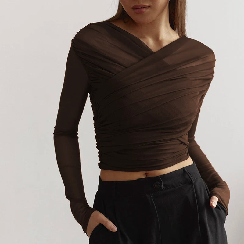 CUTENOVA Chic Design Cross Neck Crop Top Solid Color Mesh See Through Sexy Pleated Long Sleeve Elegant T-Shirt For Women Casual