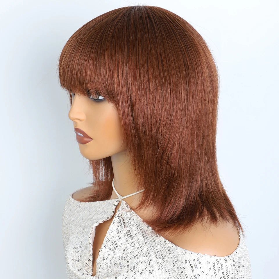 Lekker 12" Short Brown Wolf Cut Straight Bob Human Hair Wigs With Bangs For Women Brazilian Remy Hair Ready to Wear Glueless Wig