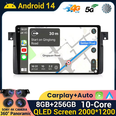 Android 14 Wireless CarPlay Auto for BMW E46 M3 318/320/325/330/335 4G+WIFI Car Radio Multimedia GPS Video Player 360 Camera DSP