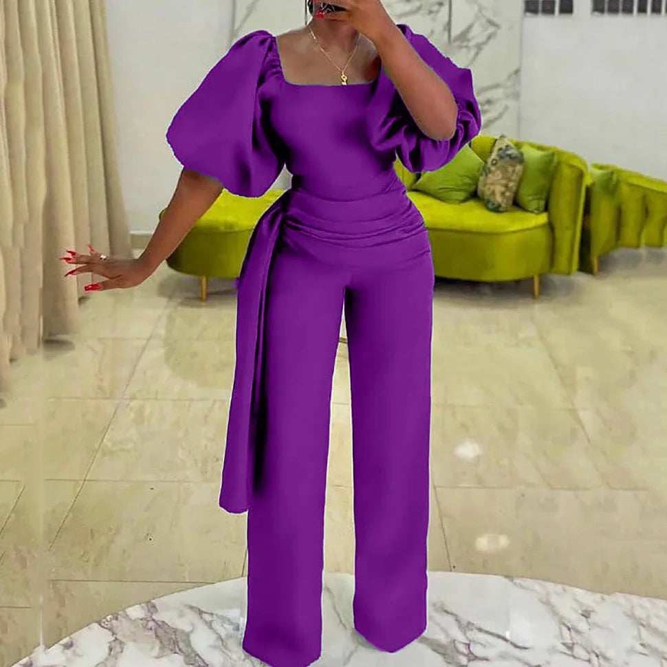 Elegant Jumpsuits for Women Luxury Square Neck Lantern Sleeve Big Swing Straight Female Birthday Party Dinner Outfits Overalls