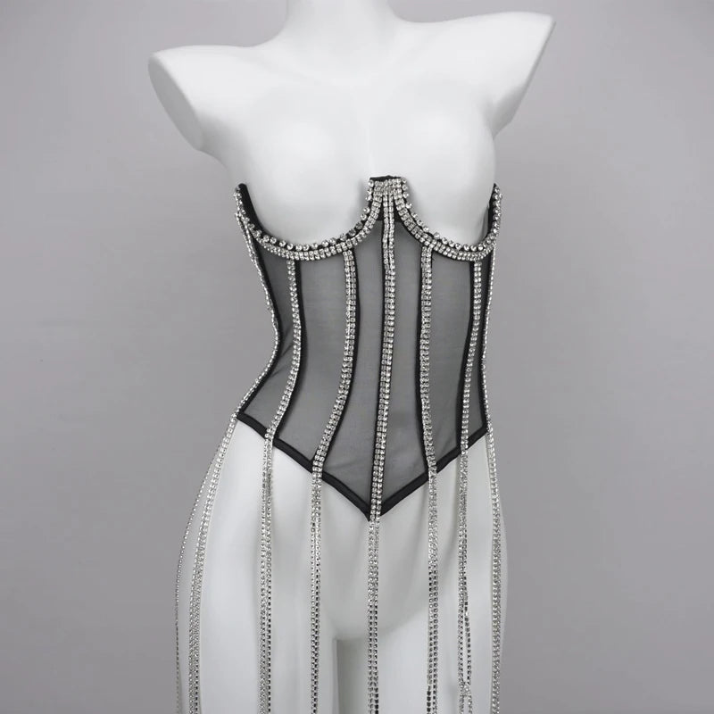 Women's Evening Corset Rhinestone Lace-up Corset Underbust Mesh Bustier Crop Top Bodices Sexy Lingerie Women Body Shaper