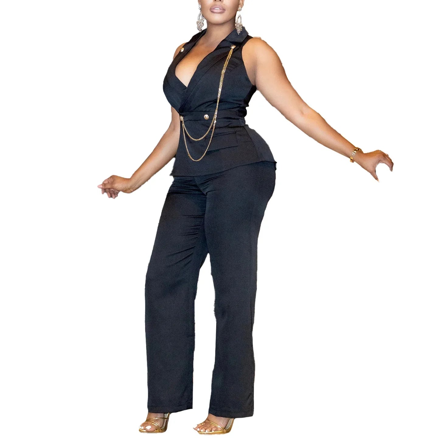 C8604 Foreign Trade Women's Fashionable Sexy Chain Collar Wide Leg African Jumpsuit Casual Style Long Dress For Ladies
