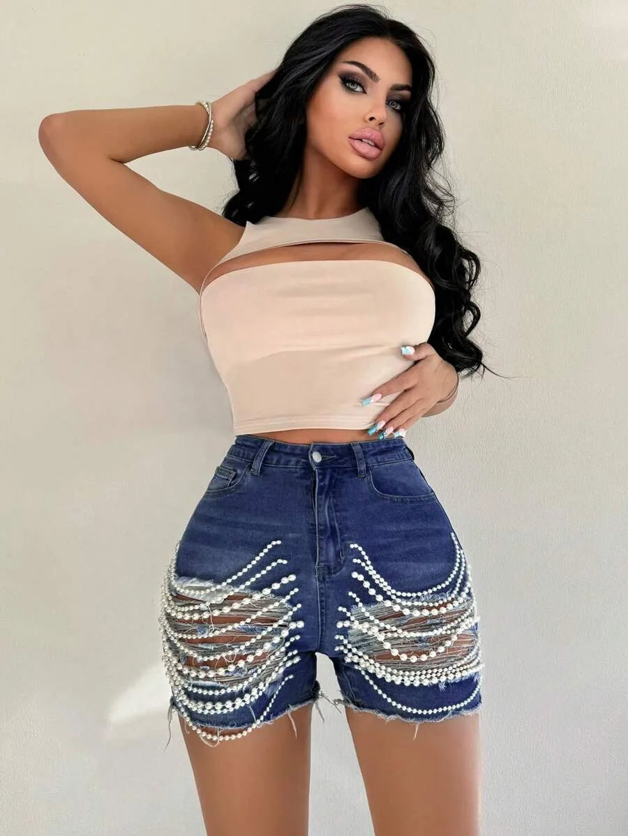Denim Shorts Women Summer New High-waisted and Thin Handmade Bead Chain Ripped Hot Pants for Women