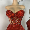 Sparkly Red Diamonds Asymmetrical Two Pieces Dress Design 2025 Women Sexy Strapless Top Skirt Suits Dance Performance Outfit