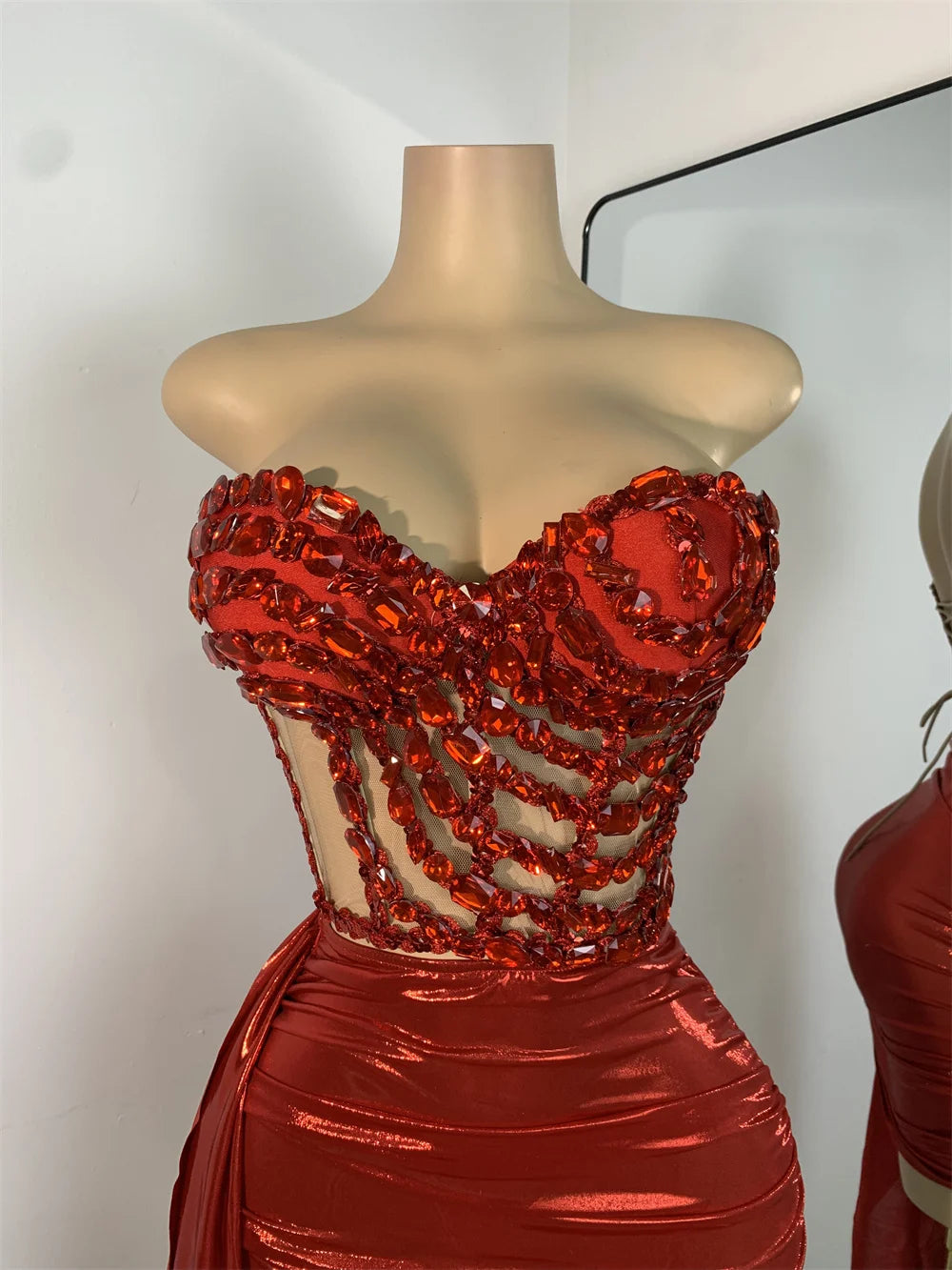 Sparkly Red Diamonds Asymmetrical Two Pieces Dress Design 2025 Women Sexy Strapless Top Skirt Suits Dance Performance Outfit