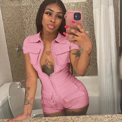 Streetwear Zipper Pockets Shorts Jumpsuit Women Clothing Short Sleeve Skinny Cargo Playsuit Summer Casual One Pieces Romper