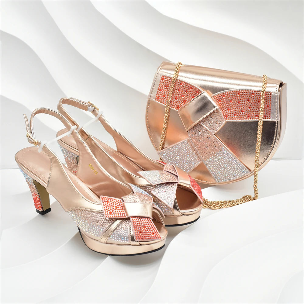 New Arrival Women Nigerian Italian Shoes and Bags Set Decorated with Rhinestone Peep Toe High Heels Women Pumps for Wedding