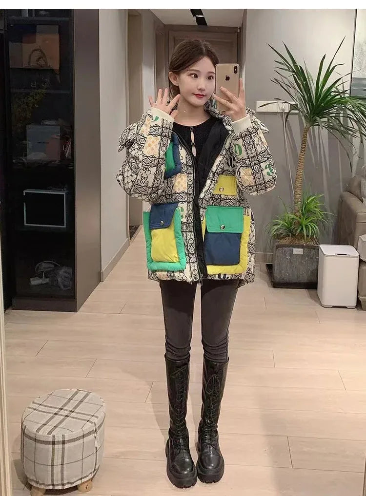 2023 European Station Winter New Down Jacket Women's Warm Fashion Short Color Patchwork Graffiti thick White Duck Down Coa