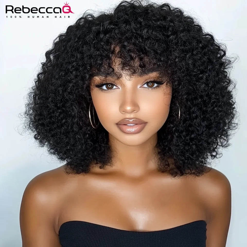 250D Brown Color Afro Kinky Curly Human Hair Wigs with Bangs Wear to go Glueless Wig Remy Brazilian Short Curly Human Hair Wig