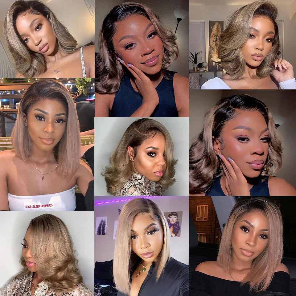 Ombre Ash Blonde With Brown Roots Colored Short Bob Wig 13x4 Lace Front Wig 180% Density Straight Human Hair Wig For Black Women