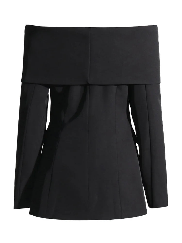TWOTWINSTYLE Slash Neck Chic Blazers For Women Off Shoulder Long Sleeve Patchwork Single Button Solid Coat Female Clothes 2022