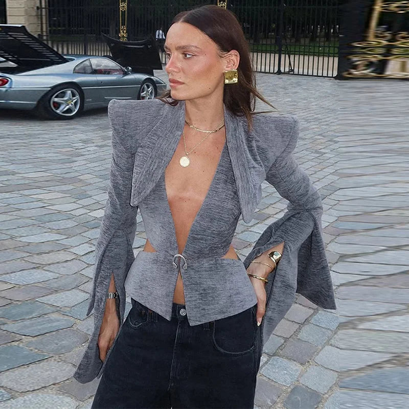 Sexy Deep V-neck Woolen Jackets Women's Hollow Up Waist Split Flare Long Sleeves Metal Buckle Coat High Street Fashion Jacket