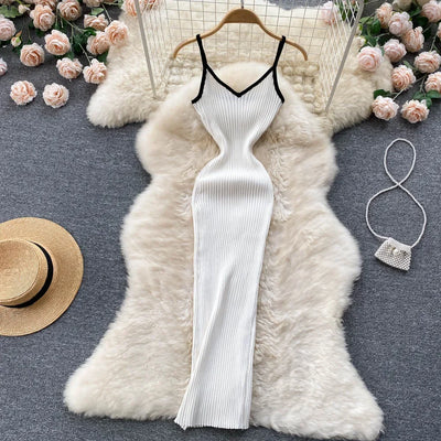 Summer V Neck Knit Sexy Strap Dress Women Elatic Waist Bodycon Sundress Female Beach Backless Maxi Long Dress