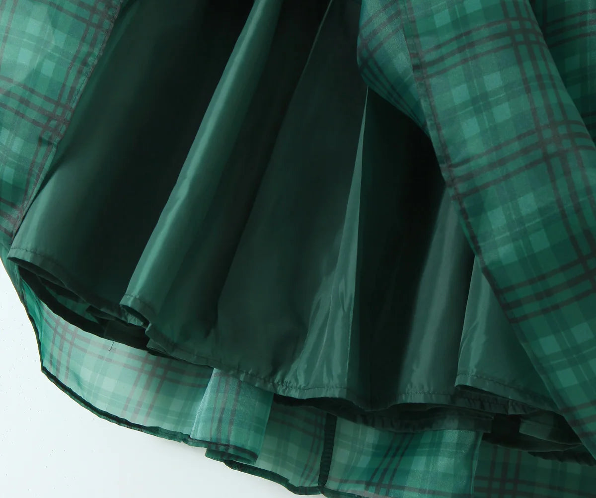 2024 Sweet Green Gingham Plaid Organza Ball Gown Dress Puff Sleeve Retro Women Swing Short Princess Robe Fairy Cake Vestidos