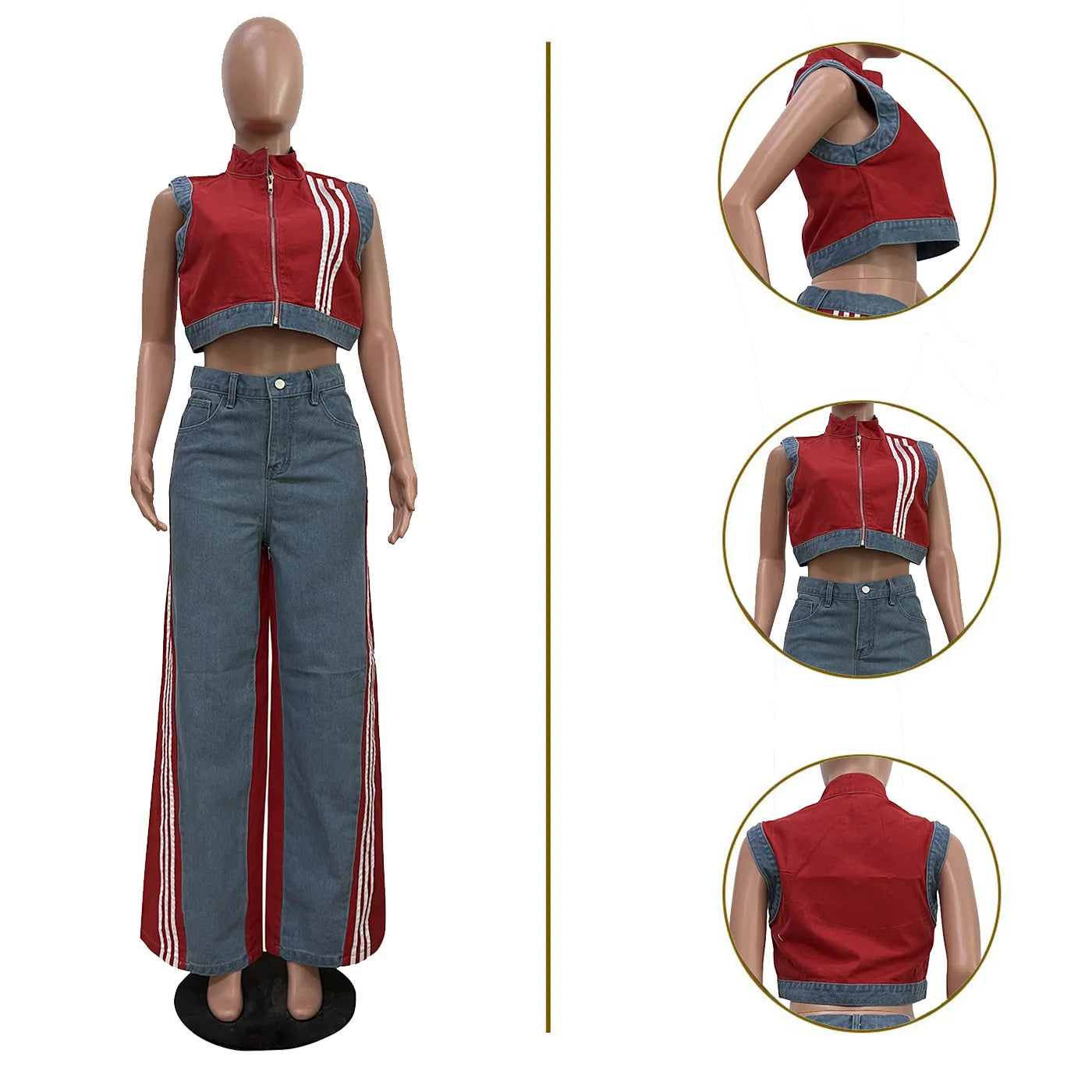 2 Pieces Women's Sets 2025 Spring Summer Denim Sleeveless Suit Tops And Wide Leg Pants Suits Two Piece Set Tracksuit Outfit
