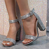 Liyke 2025 New Fashion Glitter Sequined Ankle Strap Square High Heels Gladiator Sandals Women Summer Open Toe Wedding Prom Shoes