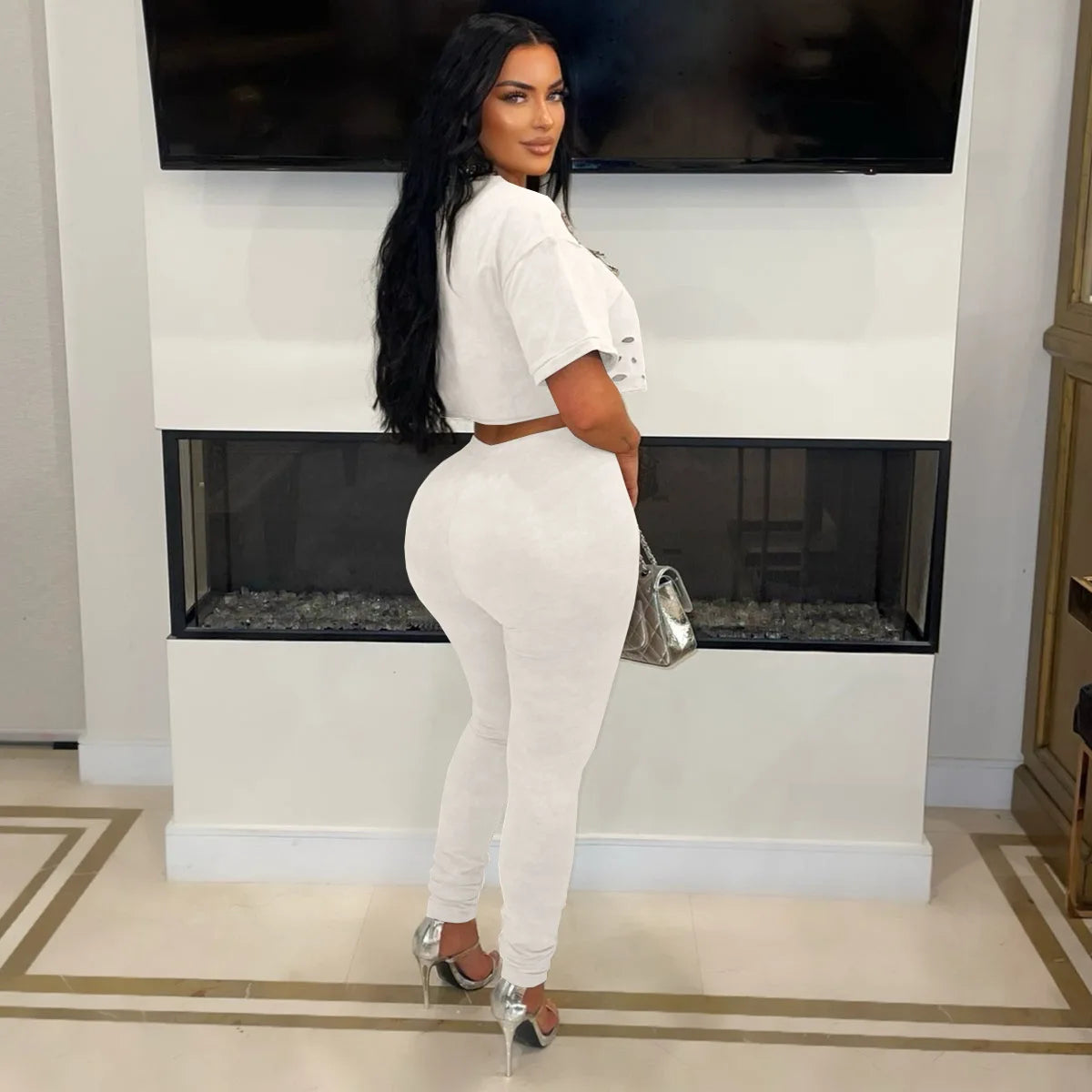 Spring Summer Fashion Solid Two Piece Set Women Sexy Perforated Round Neck Short Sleeve Top Tight Pants Casual Two Piece Set