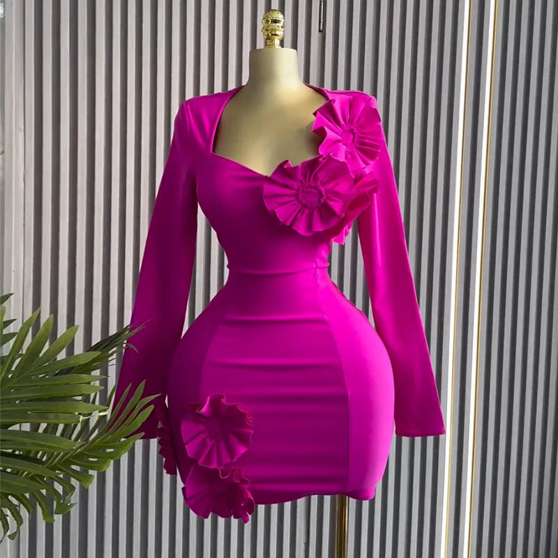 CM.YAYA Women Strapless Mult 3D Flower Long Sleeve Bodycon Mini Dress Sexy Birthday Evening Night Party Club Vestidos Dresses