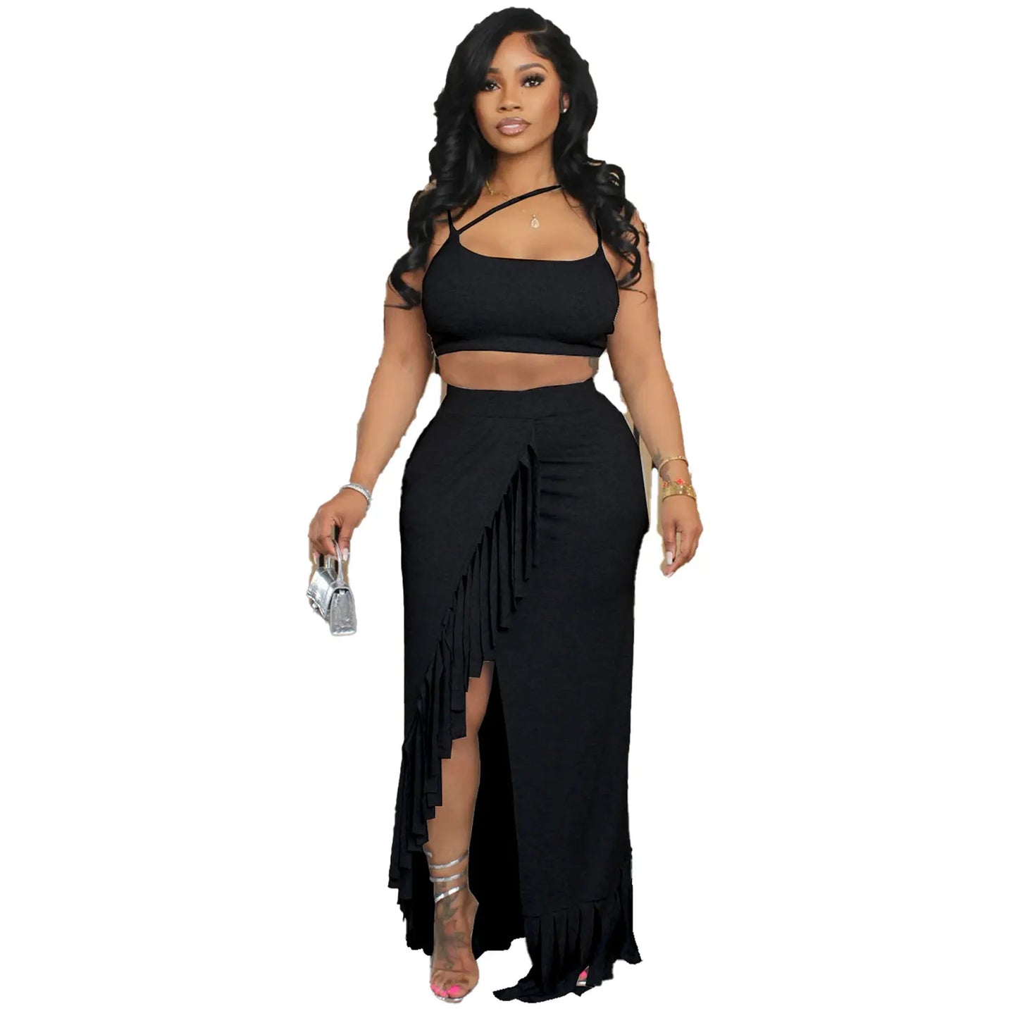 CM.YAYA Summer Women Sets Sleeveless Sexy Strap Crop Top and Tassel Long Skirt Sets Night Club Party Beach 2 Two Piece Sets
