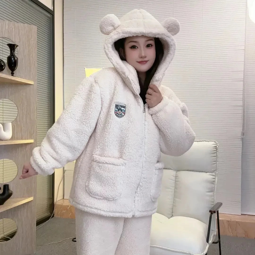 Brown Furry Pajama Sets Fluffy Teddy Bear Hooded Zipper Sleepwear Women Plush Warm Thick Christmas Homewear Y2K Kawaii Nightwear