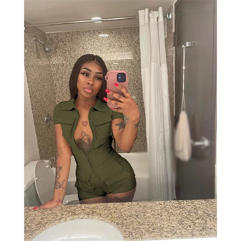 Streetwear Zipper Pockets Shorts Jumpsuit Women Clothing Short Sleeve Skinny Cargo Playsuit Summer Casual One Pieces Romper