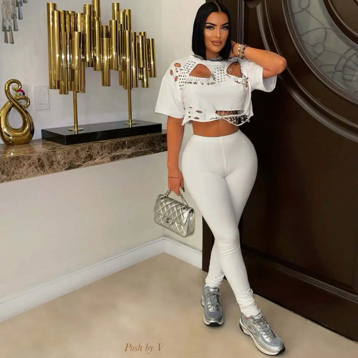 Spring Summer Fashion Solid Two Piece Set Women Sexy Perforated Round Neck Short Sleeve Top Tight Pants Casual Two Piece Set