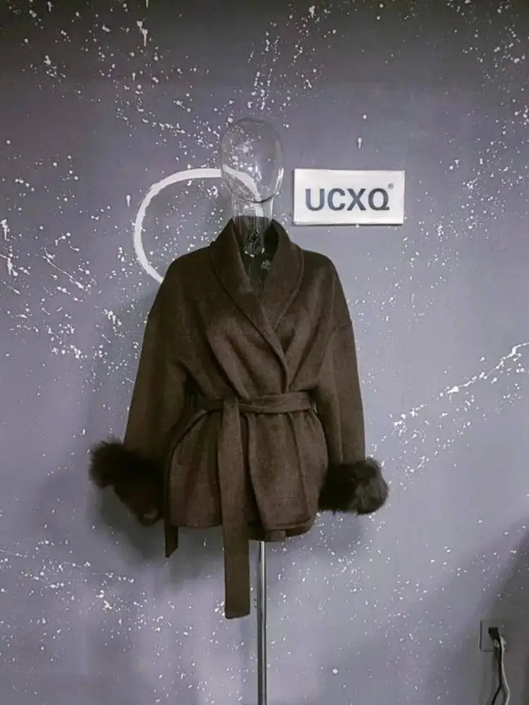 UCXQ Elegant OL Office Lady Overcoats Fur Patchwork Long Sleeve Woolen Coat Beautiful Women's Clothing Jacket Autumn 2025 Winter