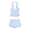 HH Women Pink 2 Piece Set Sexy V-Neck Sleeveless Backless Suspender Zipper Top+High Waist Back Pocket Mini Skirts Shorts Y2K