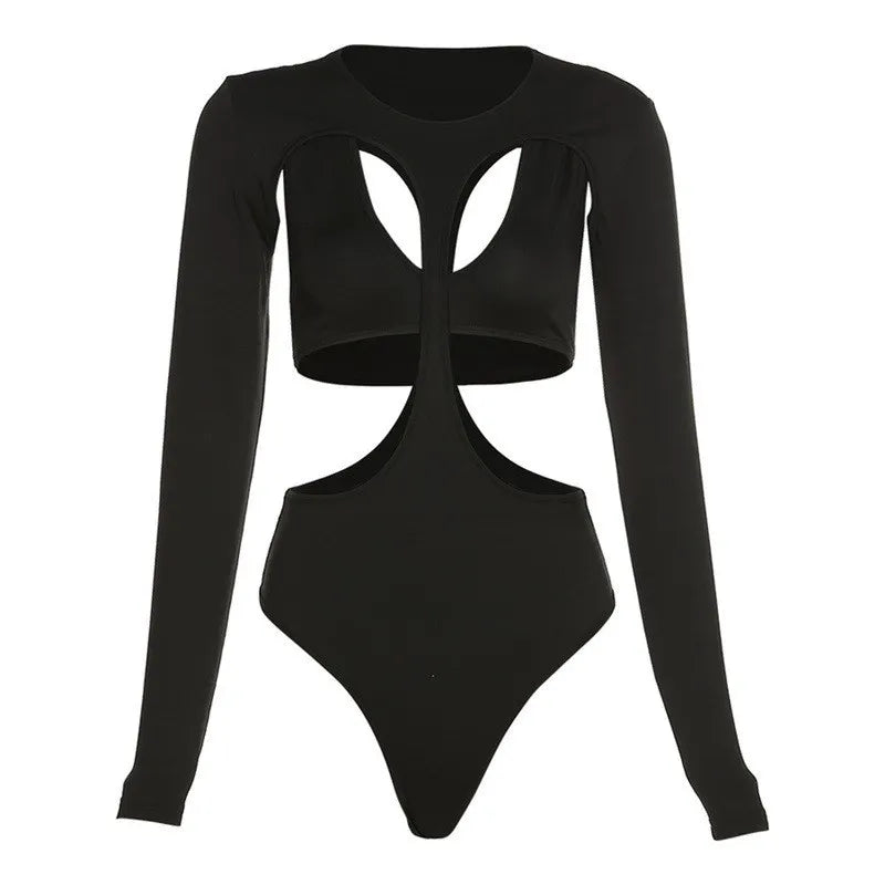 Streetwear Y2k Sexy Irregular Hollow Out Rompers Women's Bodysuits Fashion Long Sleeves Bodycon Tops Jumpsuits Party Clubwear