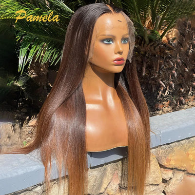 Double Drawn 13x6 HD Lace Frontal Wig Bone Straight Lace Front Wig Ombre Brown Colored Glueless Human Hair Wigs Ready To Go