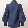 Gymystars New Trendy Imitation Denim Blouse Tops for Women Long Puff Sleeves Bow-Embellished High Neck Women's Autumn Shirts