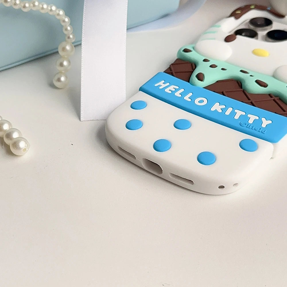 Cute 3D Ice Cream Sanrios Hello Kitty Phone Case for IPhone 15 14 13 12 11 Pro Max Drop-resistant Soft Silicone Back Cover Gift