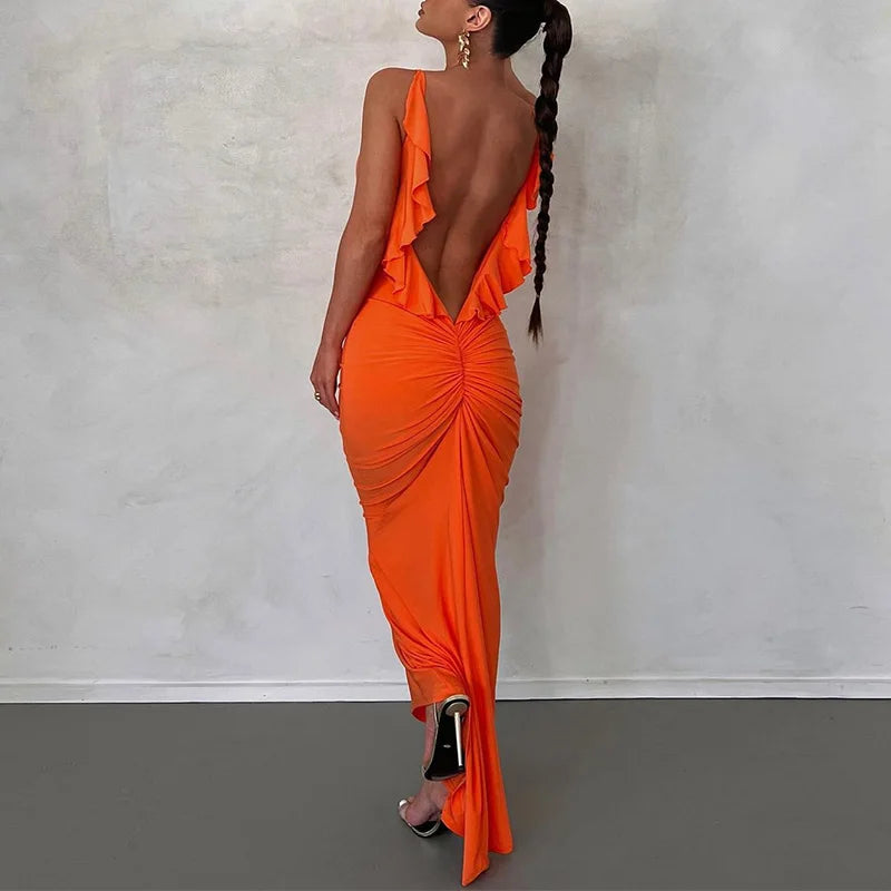 Ruffles Backless Sheath Bodycon Maxi Dresses Party Sleeveless Camisole Robe Femme V Neck Summer Dress Woman Sexy Vestidos Mujer
