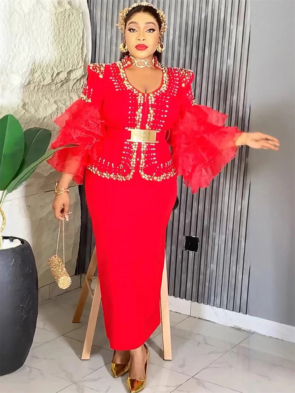 Luxury Vintage Dresses For Women Wedding Party Prom Evening Gown Long Sleeve Dress Dashiki Beaded Robe Turkey African Clothing