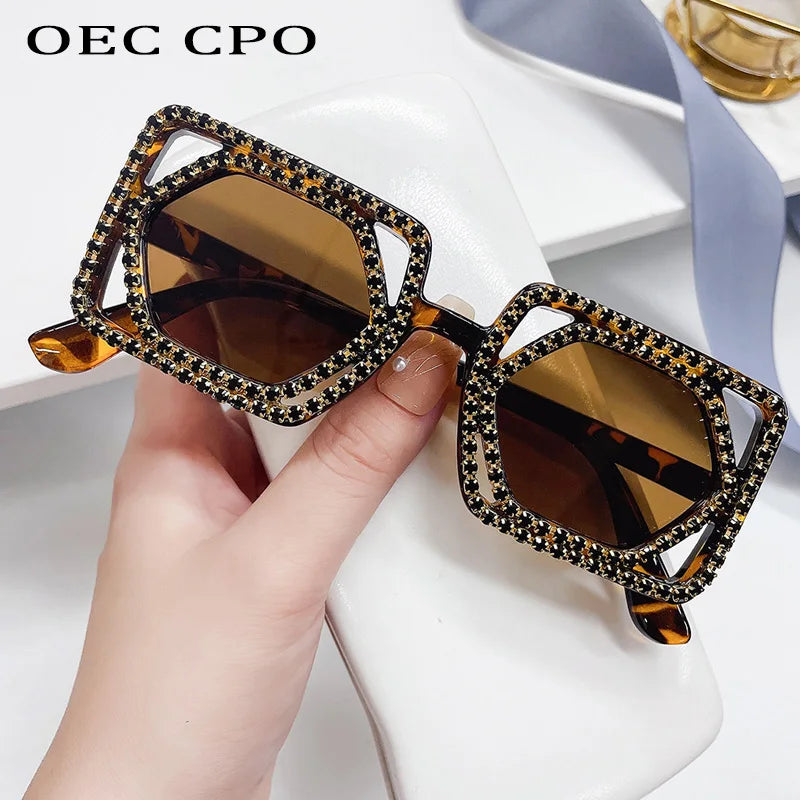 Square Luxury Diamonds Sunglasses Women Punk Fashion Rhinestone Sun Glasses Female Shiny Sexy Yellow Lens Eyewear Shade Handmade
