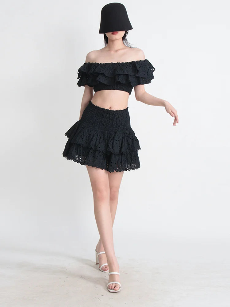 TWOTWINSTYLE Hit Color Print Casual Two Piece Sets For Women Slash Neck Short Sleeve Top High Waist Skirt Summer Set Female New