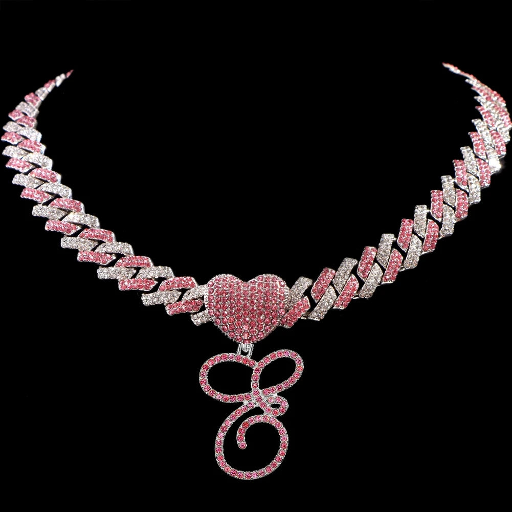 Hip Hop Bling Pink Crystal Cursive Initial Letter Cuban Necklace for Women Iced Out Paved Cuban Chain Necklace Choker Jewelry