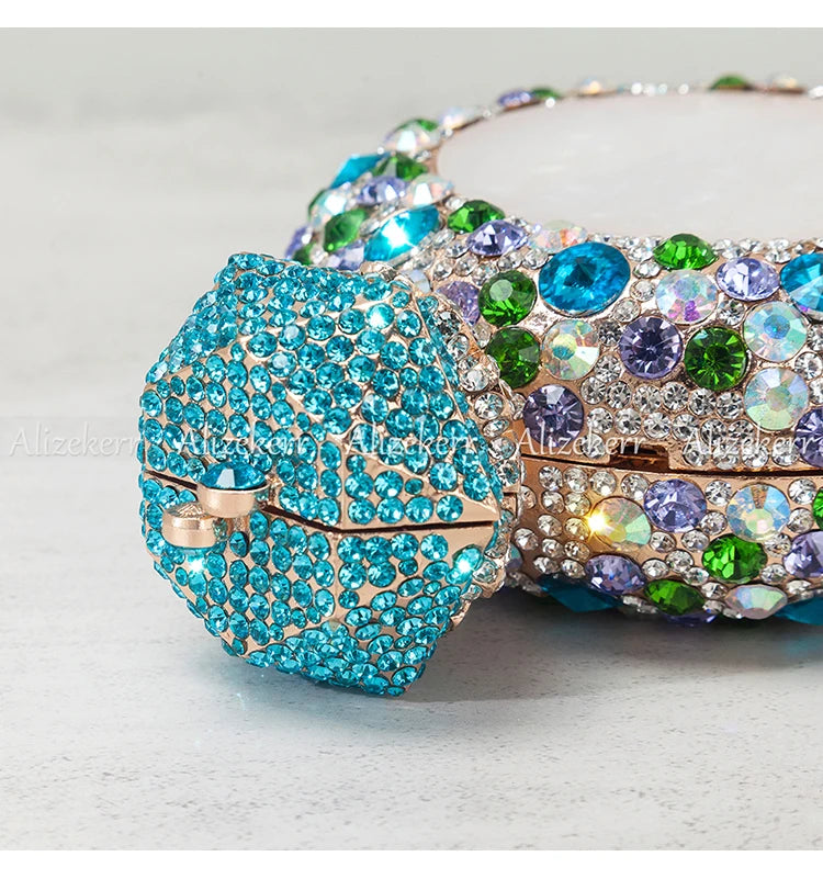 Alizekerr Perfume Bottle Shaped Crystal Evening Bags Women Gorgeous Classy Rhinestone Round Metal Clutch Purses Wedding Party