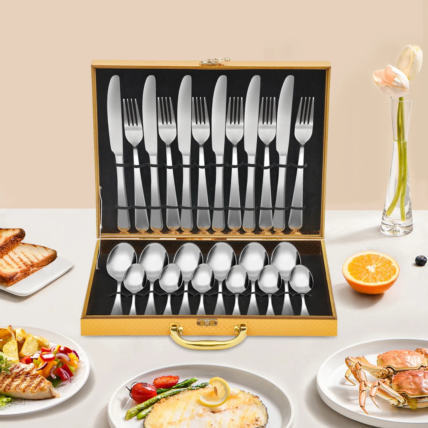 24Pcs/90Pcs Flatware Set Stainless Steel Silverware Utensil Kitchen Tableware Forks Knives Spoons Cutlery for Home Restaurant