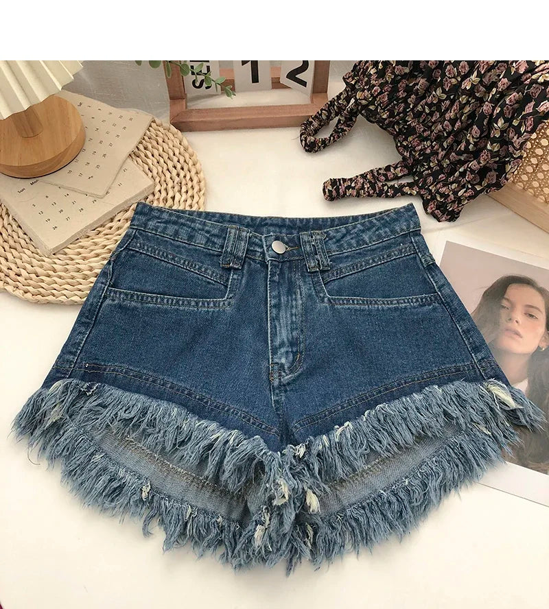 ITOOLIN Women Vintage Tassels Denim Shorts Button Loose High Waist A-line Jean Shorts Casual Women Office Trousers Streetwear