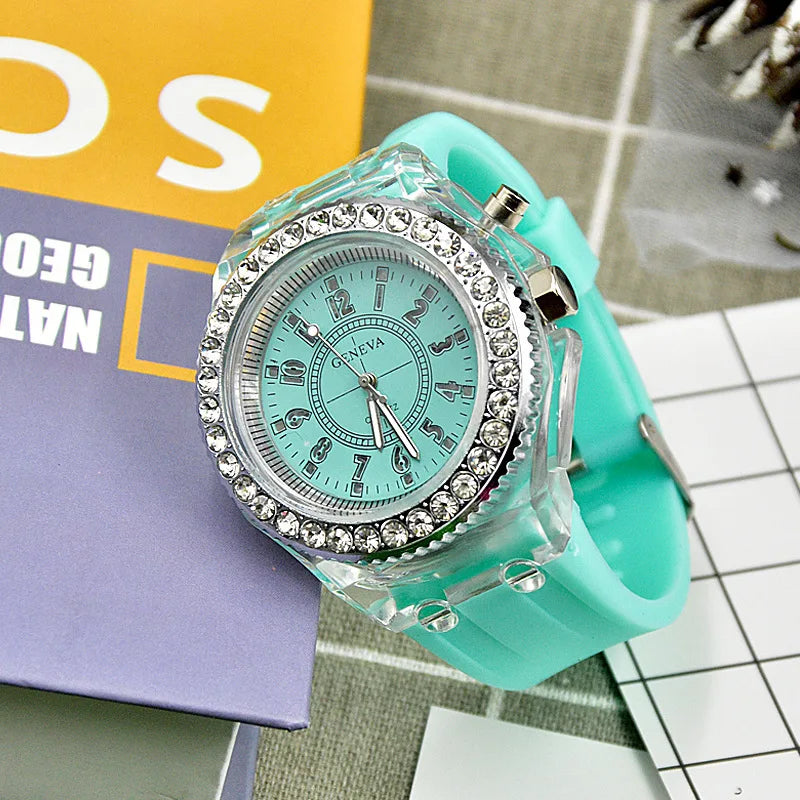 Luminous Quartz Watch for Women Personality Rhinestone Led Fashion Geneva Male and Female Students Couple Jelly Wrist Watches