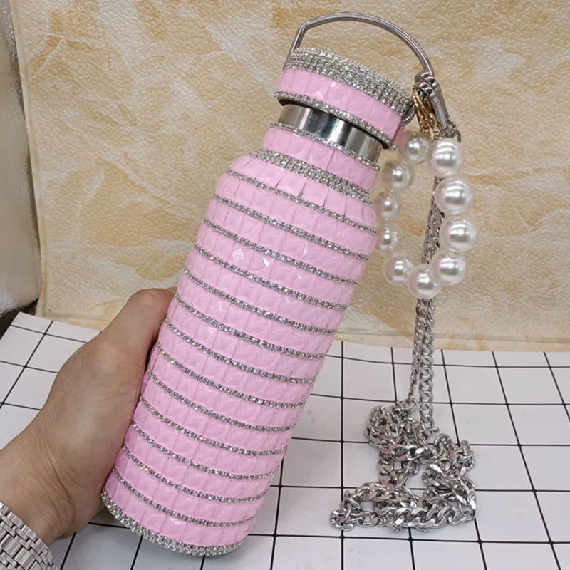 Bling Rhinestone Insulated Thermos Water Bottle with Chain Stainless Steel Vacuum Insulated Bottle Flask Portable Tumbler
