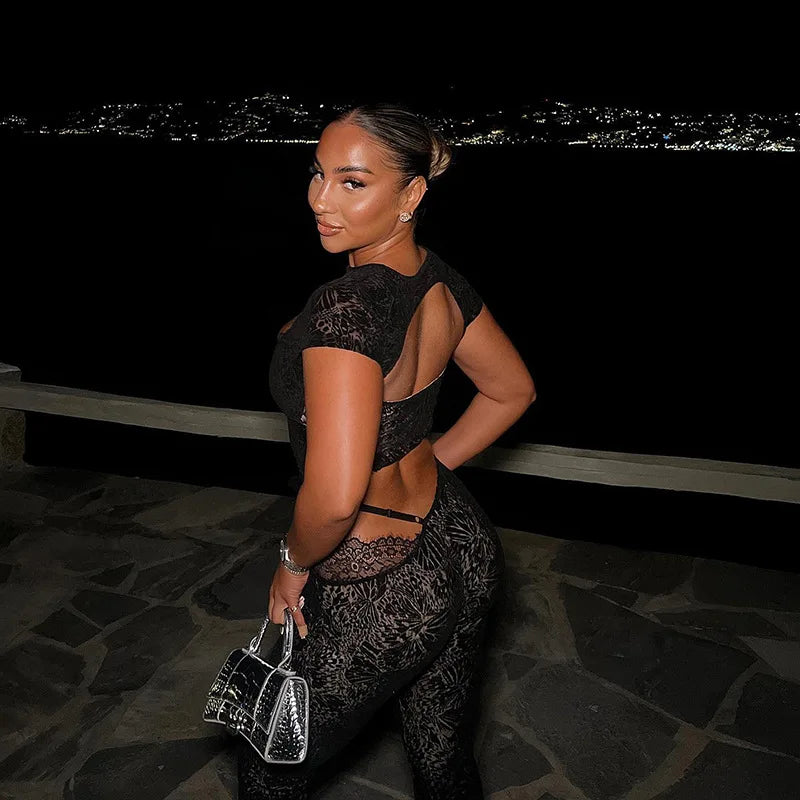 FAGADOER Sexy Lace See Through 2 Piece Sets Woman Outfit Hollow Out Crop Top + Flare Pants Female Y2K Streetwear Summer Spring