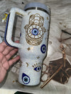 Personalized Customized DIY Handmade 40oz Evil eye Opal White Bling Rhinestone Tumbler